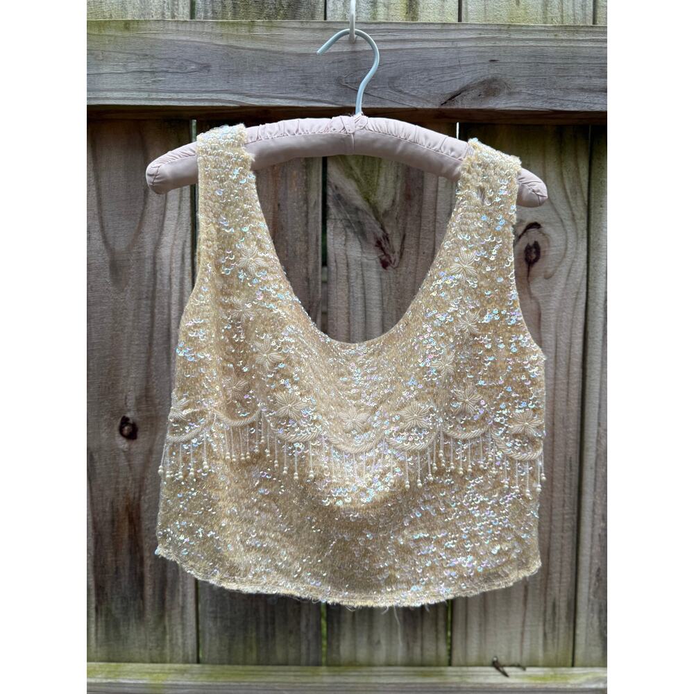 Vintage Hand-Reworked Beaded Pearl Fringe Sequin Crop Top